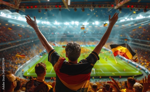 A Fan Cheers for the Team at a Packed Soccer Stadium