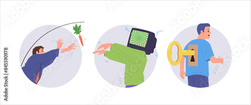 Different ways of manipulation of people cartoon characters isolated round icon composition set