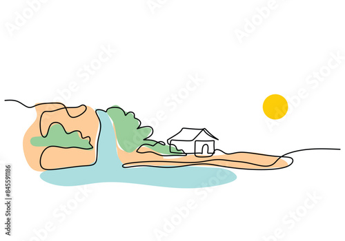 House near hill and river continuous line drawing. Building property and landscape view concept.