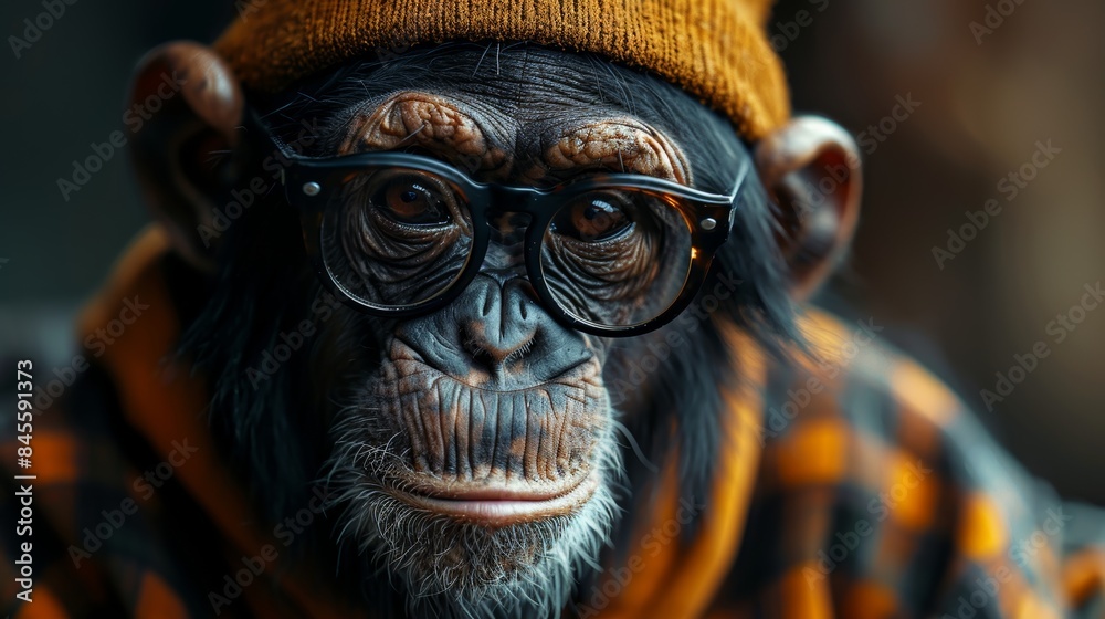 chimpanzee monkey, with glasses and dressed in a patterned cloth on his head, topped with an old hat. Rendered in warm, endearing character captivates with its lifelike detail. chimpanzee monkey, with glasses and dressed in a patterned cloth on his head, topped with an old hat. Rendered in warm, endearing character captivates with its lifelike detail.