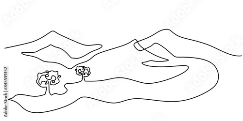 Mountain landscape continuous line drawing. Minimalist forest hill hand drawn.
