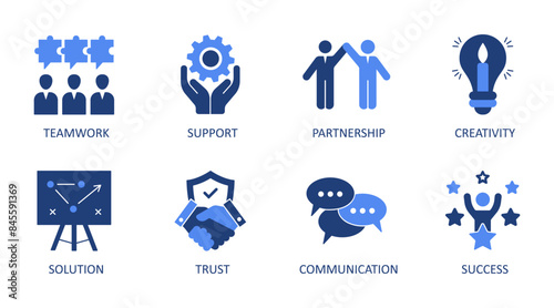 Vector collaboration icons. Set solid blue symbol. Teamwork problem solving trust update. Solution partnership office employee. Trust communication creativity success support. Stock illustration