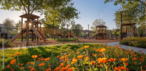 Colorful Playground With Wooden Structures and a Winding Path Surrounded by G...