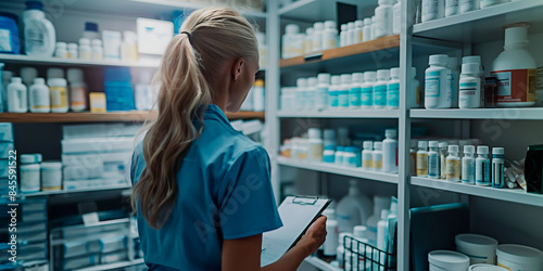 A hospital nurse managing medicine inventory. Nurse in healthcare facility tracking medication stock with clipboard documenting medicine storage in hospital. photo