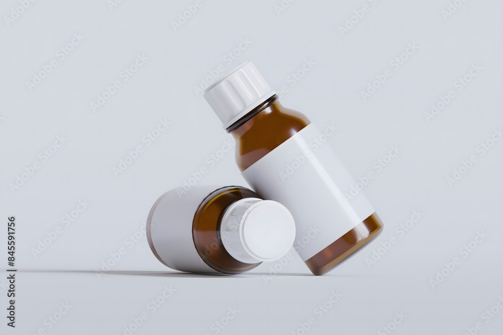 Packaging bottle brown color and white blank label for medicine, pill or supplement, cosmetic, chemical and etc on white background Packaging bottle brown color and white blank label for medicine, pill or supplement, cosmetic, chemical and etc on white background