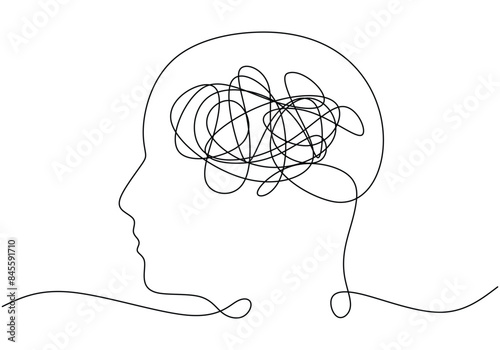 head with messy thoughts symbol continuous line drawing. Mental and psychology problems concept.