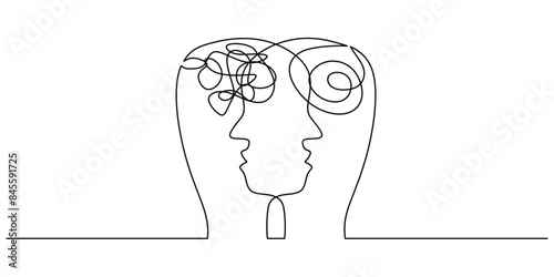 Two heads with opposite thinking symbol. Mental and psychology problems minimalist design hand drawn
