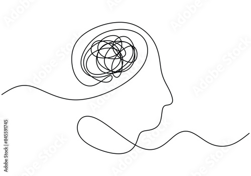 head with messy thoughts symbol continuous line drawing. Mental and psychology problems concept.