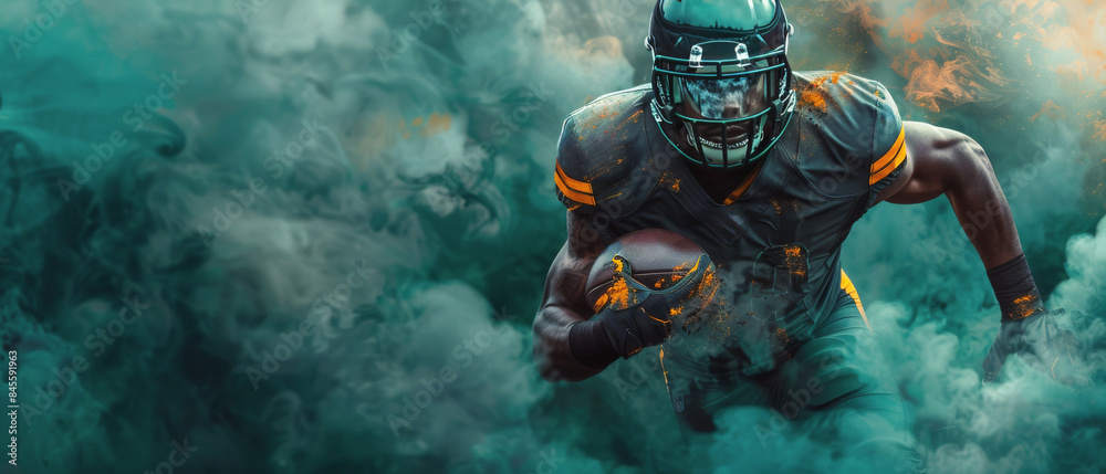 American Football Player Running Through Green Smoke American Football Player Running Through Green Smoke