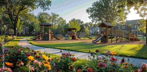 Colorful Playground With Wooden Structures and a Winding Path Surrounded by G...