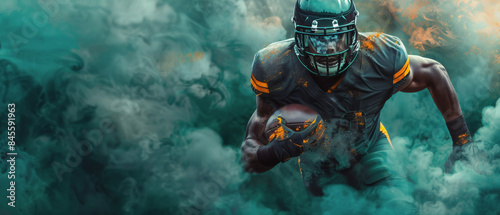 American Football Player Running Through Green Smoke