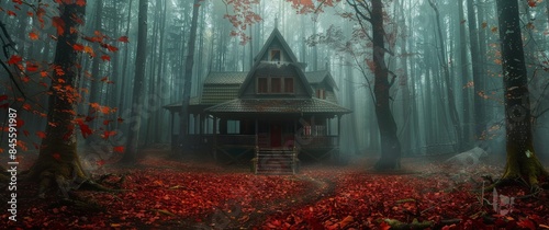 Foggy Forest Cabin With Red Leaves on a Dark Day
