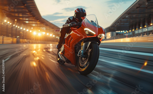 Red Motorcycle Racing on a Track at Night