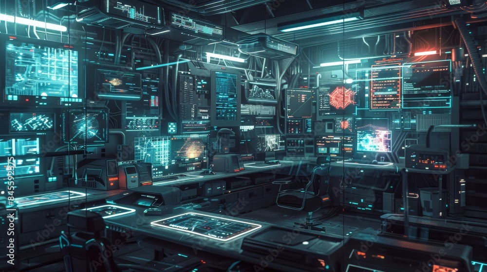 High-Tech Futuristic Workspace with Multiple Screens and Glowing Transparent Cables for Tech Enthusiasts High-Tech Futuristic Workspace with Multiple Screens and Glowing Transparent Cables for Tech Enthusiasts