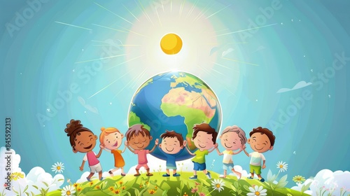 Cartoon characters holding hands around the Earth with a bright ozone layer, celebrating World Ozone Day photo