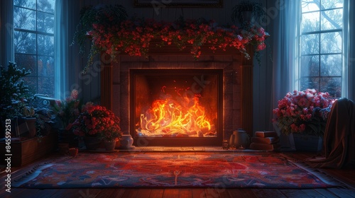 A cozy scene of a lit fireplace, the orange flames dancing and casting shadows, under the warm, comforting light of a winter's night 