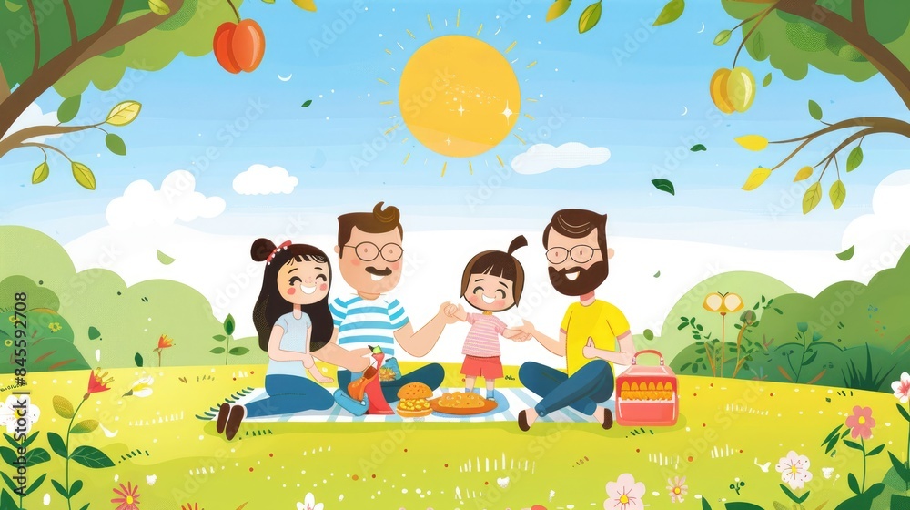 Cartoon family enjoying a picnic under a clear sky with a healthy ozone layer for World Ozone Day Cartoon family enjoying a picnic under a clear sky with a healthy ozone layer for World Ozone Day