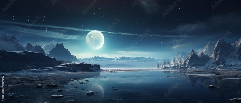 A Frozen Lake with a Planet in the Background: Surreal Winter Scene A Frozen Lake with a Planet in the Background: Surreal Winter Scene