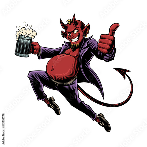 Beer liking Devil. Vector illustration in engraving technique of horned red devil in cool cape holding a beer. 