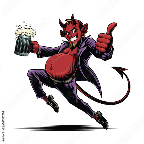 Beer liking Devil. Vector illustration in engraving technique of horned red devil in cool cape holding a beer. 