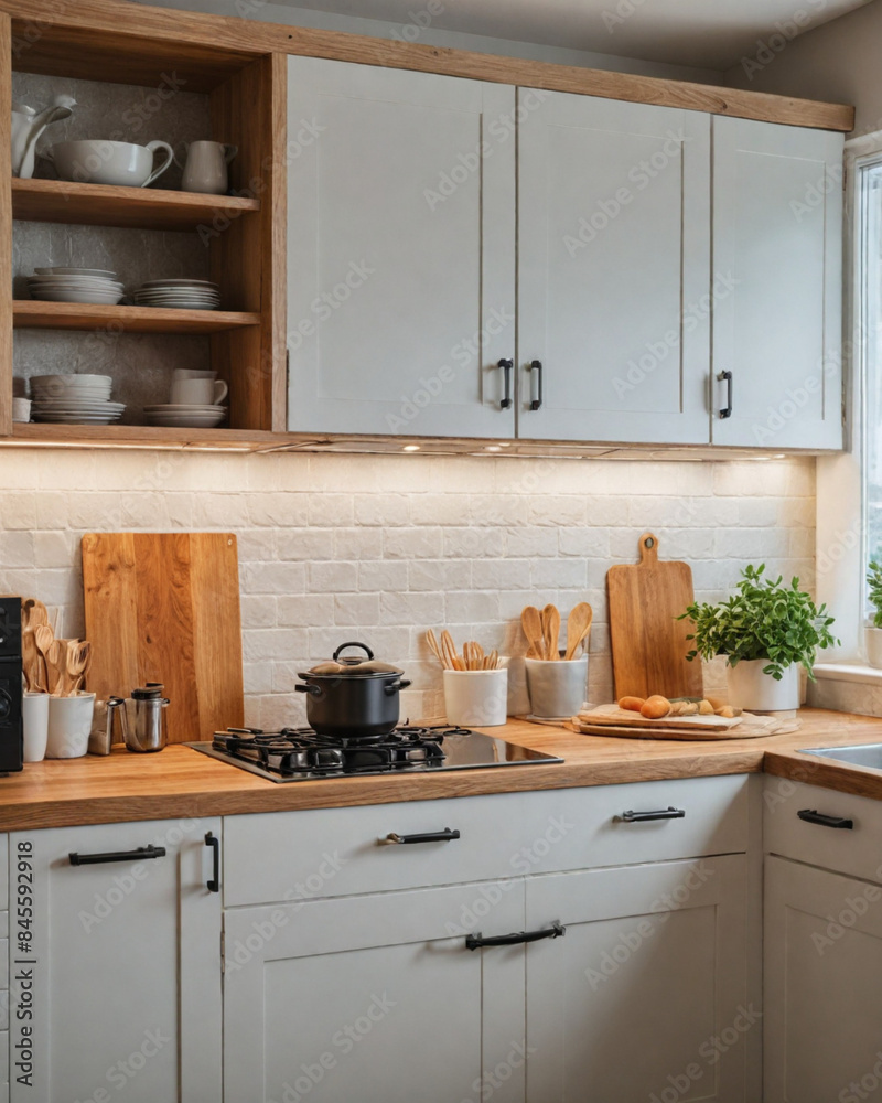 Fototapeta premium there is a kitchen with a sink, stove, and cabinets