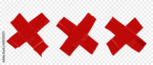 Vector set of 3D realistic red cross adhesive tape. Torn pieces of masking tape isolated on transparent background. PNG duct tape.