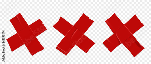 Vector set of 3D realistic red cross adhesive tape. Torn pieces of masking tape isolated on transparent background. PNG duct tape.
