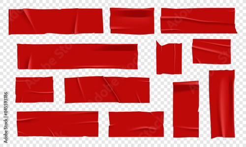 Vector set of 3D realistic red adhesive tape. Torn pieces of masking tape isolated on transparent background. PNG duct tape.
