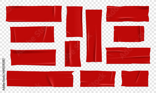 Vector set of 3D realistic red adhesive tape. Torn pieces of masking tape isolated on transparent background. PNG duct tape.