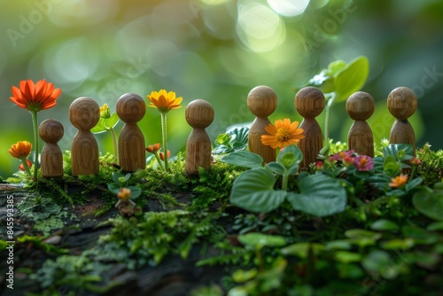 a group of miniature people crafted from colorful paper mache, standing on lush green moss adorned with delicate flowers, as they joyfully hold hands and bask in the warm sunlight.