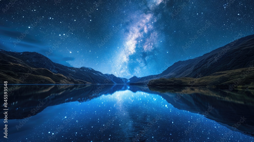 Naklejka premium Night Sky's Embrace: Milky Way's Magic Reflected in a Clear Lake