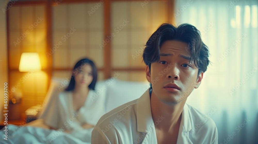 Morning Confusion: Asian Man and Woman in Elegant Bedroom Morning Confusion: Asian Man and Woman in Elegant Bedroom