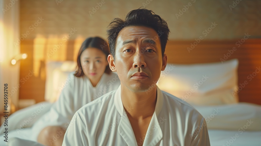 Luxury Bedroom Morning with Confused Asian Man Luxury Bedroom Morning with Confused Asian Man