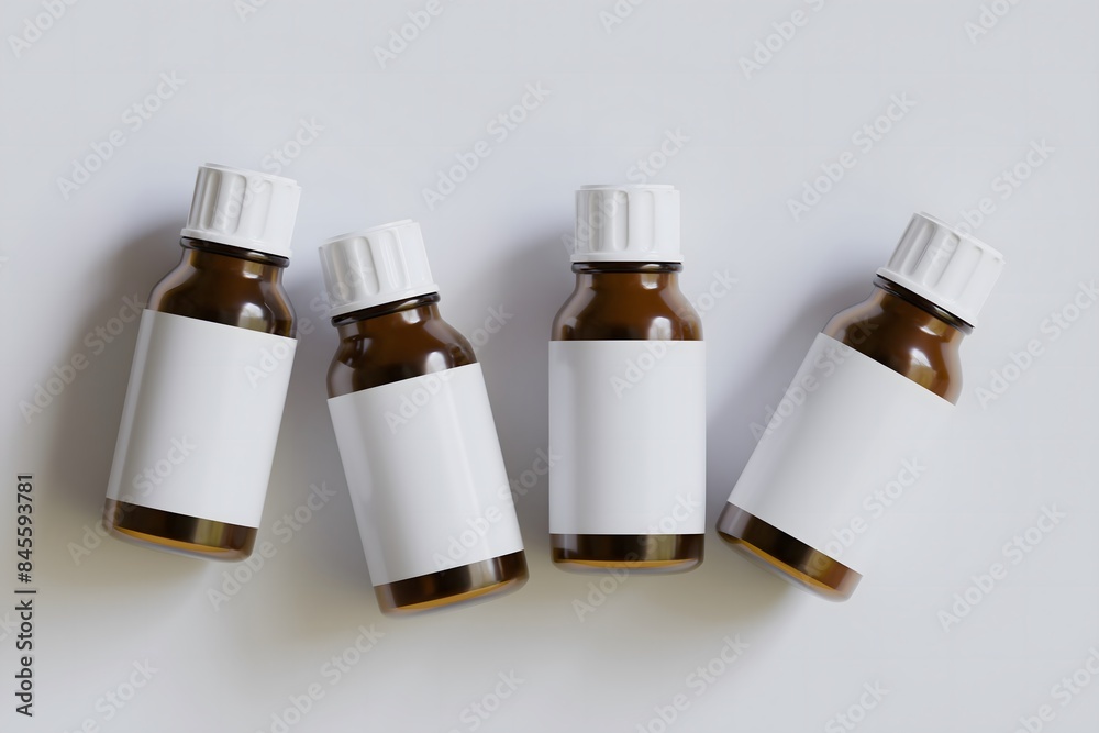 Packaging bottle brown color and white blank label for medicine, pill or supplement, cosmetic, chemical and etc on white background Packaging bottle brown color and white blank label for medicine, pill or supplement, cosmetic, chemical and etc on white background