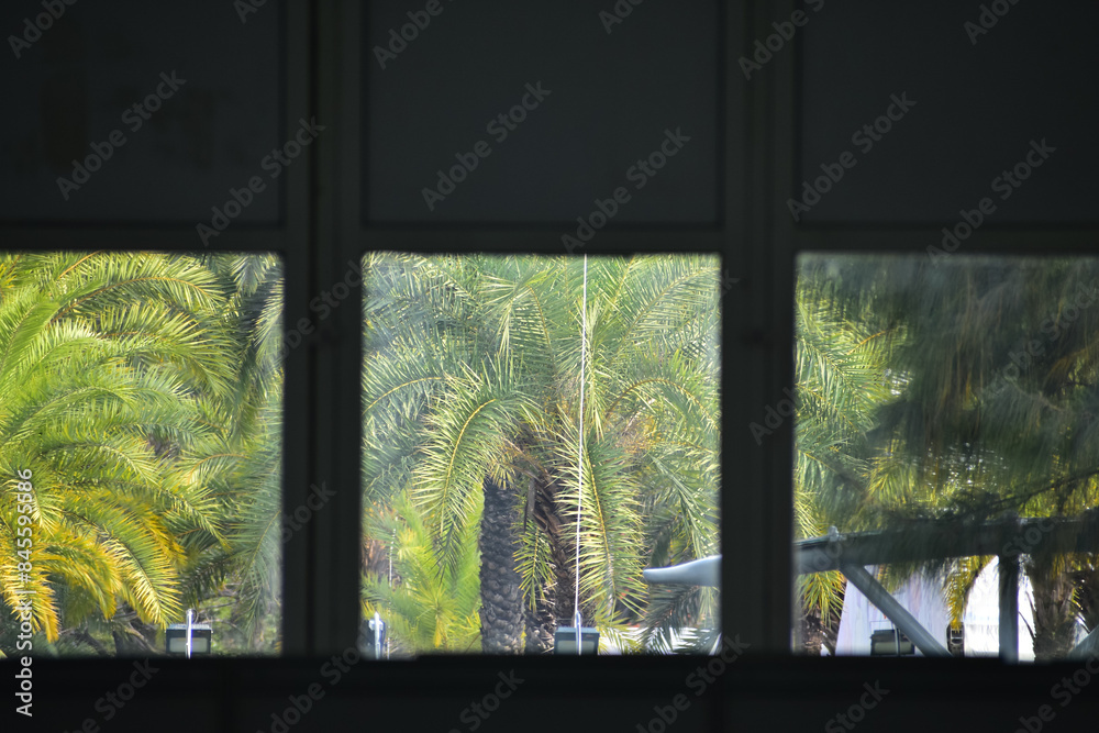 Naklejka premium Looking from window with beautiful scene, city scene. Building structure. 