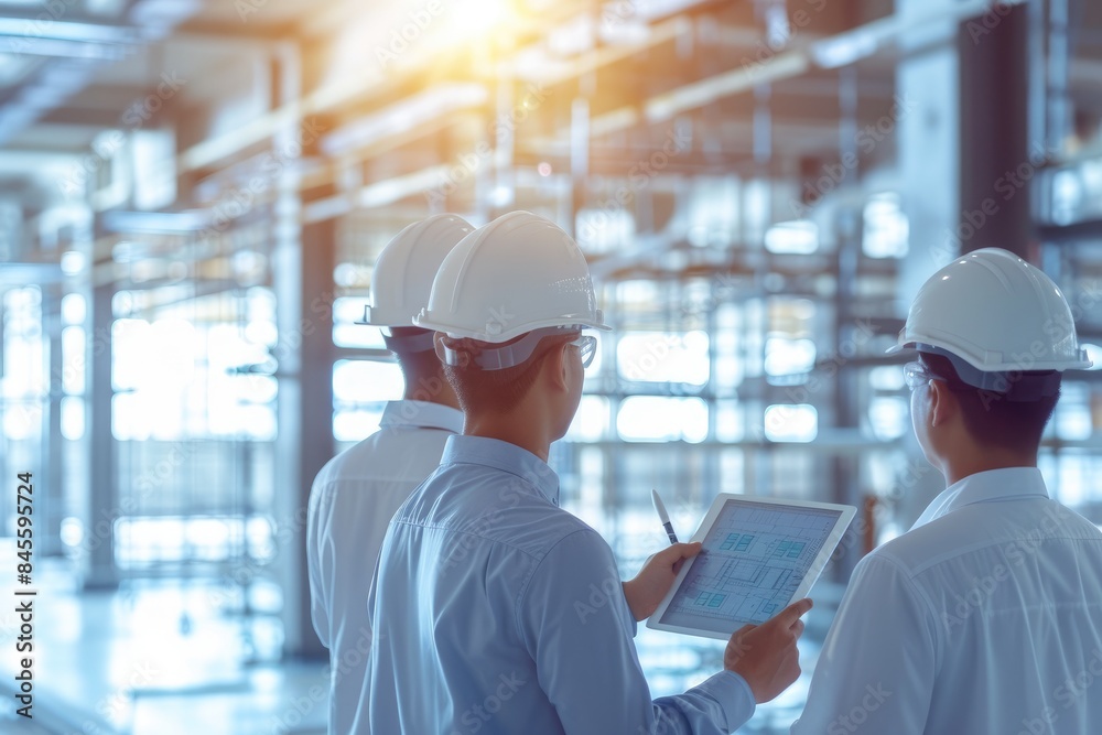 Engineers Analyzing Building Plans on Tablet