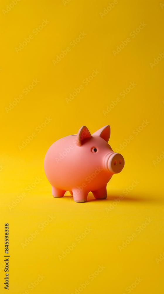 Pink piggy bank on yellow background, savings and finance concept