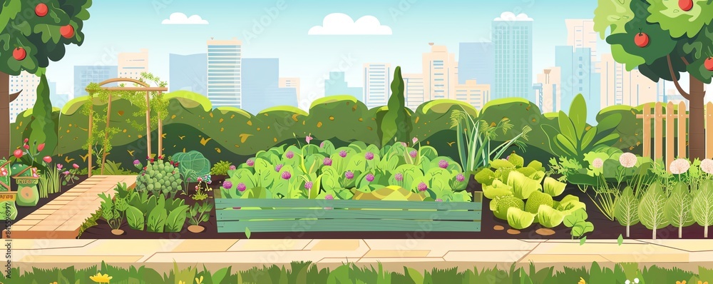 Fototapeta premium Ecofriendly garden with recycled materials, flat design, side view, urban garden theme, animation, Splitcomplementary color scheme