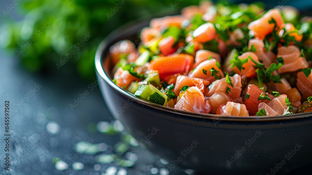 Fresh salmon poke bowl with vegetables and herbs. Fresh salmon poke bowl with vegetables and herbs.