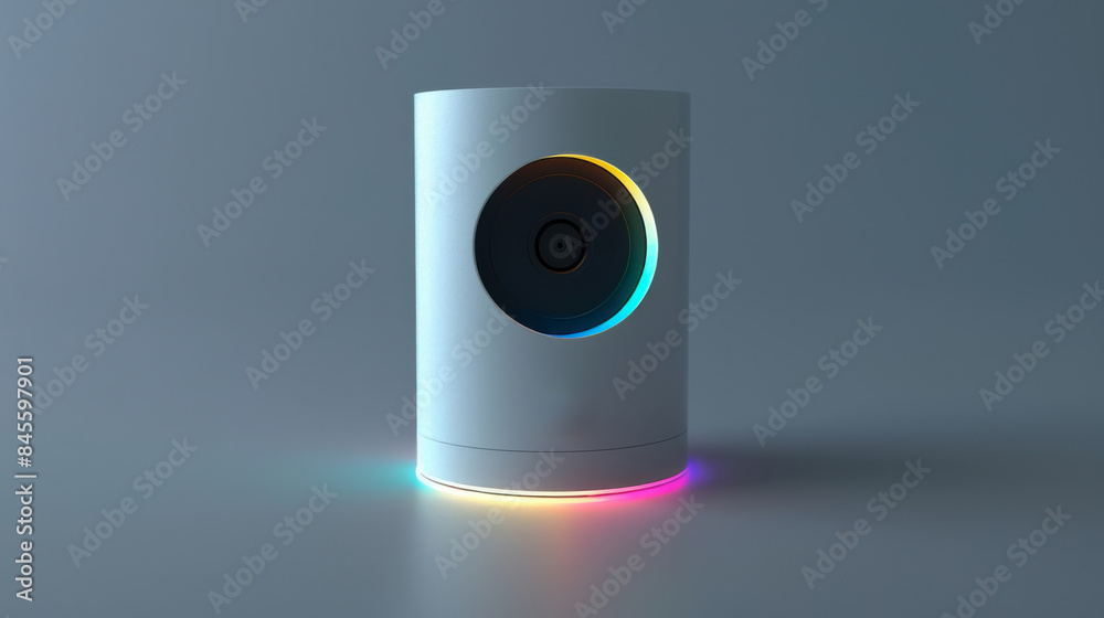 Modern cylindrical security camera with colorful LED lights, minimalist design concept Modern cylindrical security camera with colorful LED lights, minimalist design concept