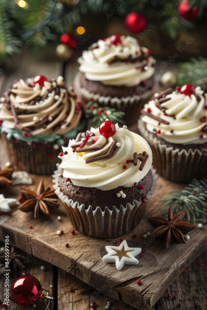 Christmas Holiday Star Cupcakes on a Wooden Table Christmas Holiday Star Cupcakes on a Wooden Table