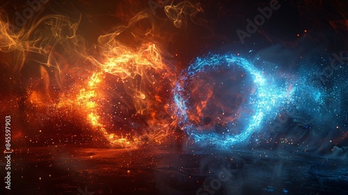 orange and blue light circles with particles intersect each other, dark background