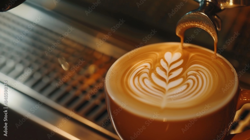 Close-Up of Perfectly Poured Latte with Intricate Latte Art and Autumn Background Close-Up of Perfectly Poured Latte with Intricate Latte Art and Autumn Background