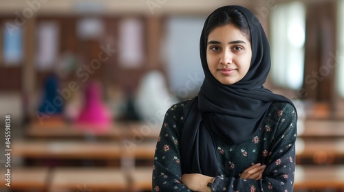 Confident young female Pakistani student standing in classroom, poised, confident posture, determined expression, academic setting, classroom environment.