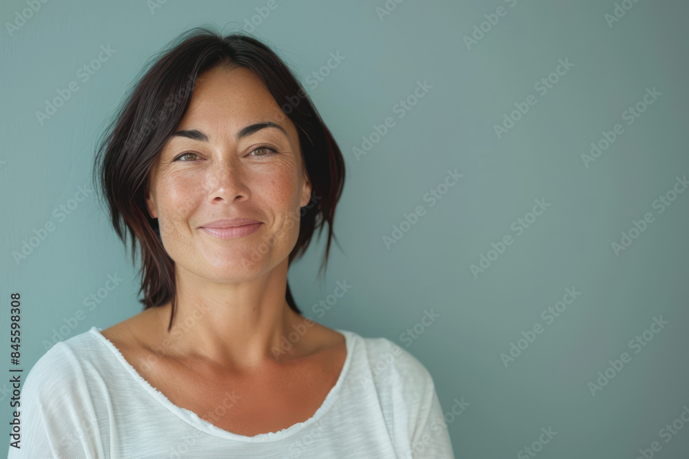 A close up portrait of a woman with a subtle smile A close up portrait of a woman with a subtle smile