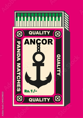 drift anchor, sheet anchor, stockless anchor, illustration in Matchbox art and matches vector. Vintage and antique matchbox packaging design illustration. retro style packaging. old style design 1