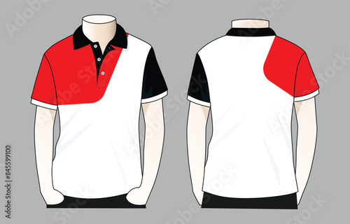 White-red-black short sleeve polo shirt design on gray background. Front and back views, vector file.