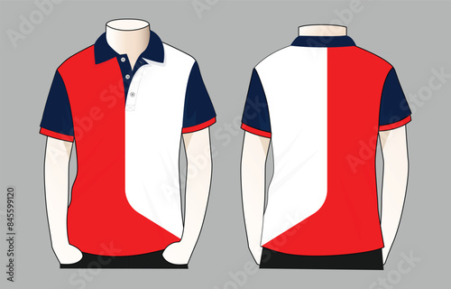 White-red-navy blue short sleeve polo shirt design on gray background. Front and back views, vector file.