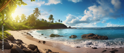 Secluded tropical beach with palm trees, clear blue water, and gentle waves on a sunny day. Studio beach photography.