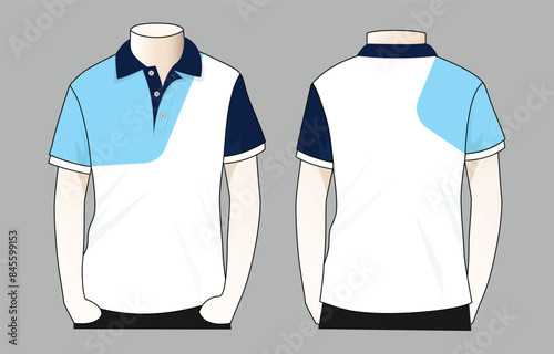 White-light blue-navy blue short sleeve polo shirt design on gray background. Front and back views, vector file.
